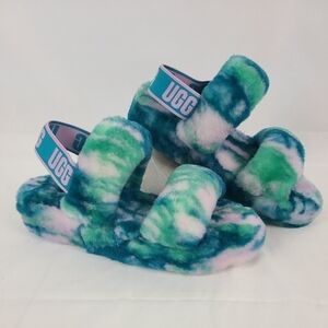 Ugg Womens Oh Yeah Marble Sz 6 Aqua Blue Sheepskin Slide Slippers NIB